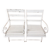 Pair of 19th-century garden armchairs, wrought iron & wood, Restoration style
