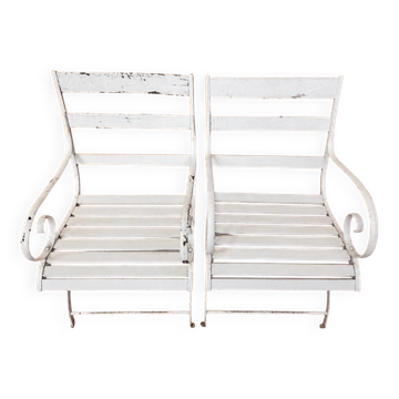 Paire de fauteuils de jardin XIXe, fer forgé & bois, style Restauration