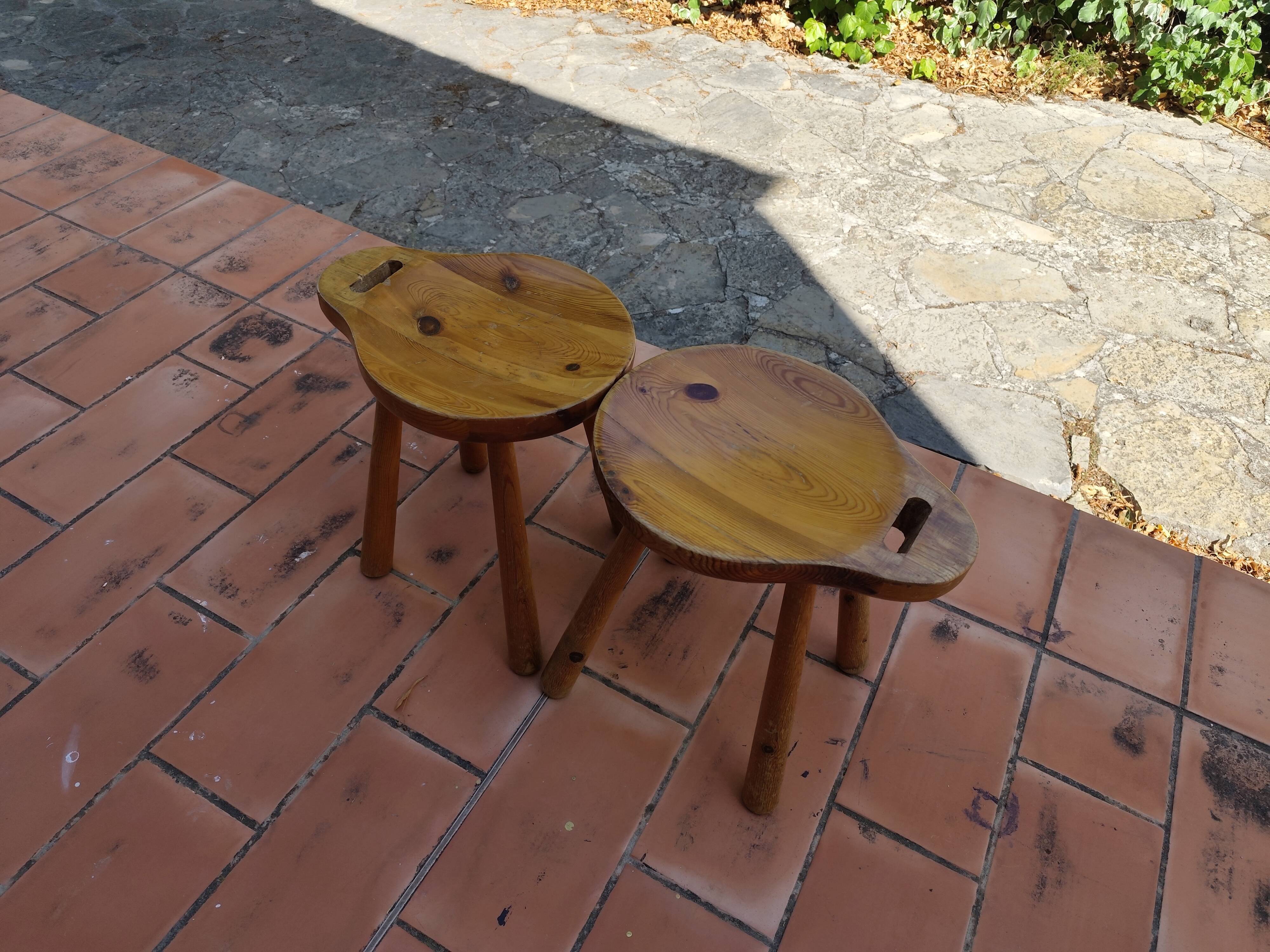 Pair of vintage 1960s solid pine ovoid Scandinavian stools
