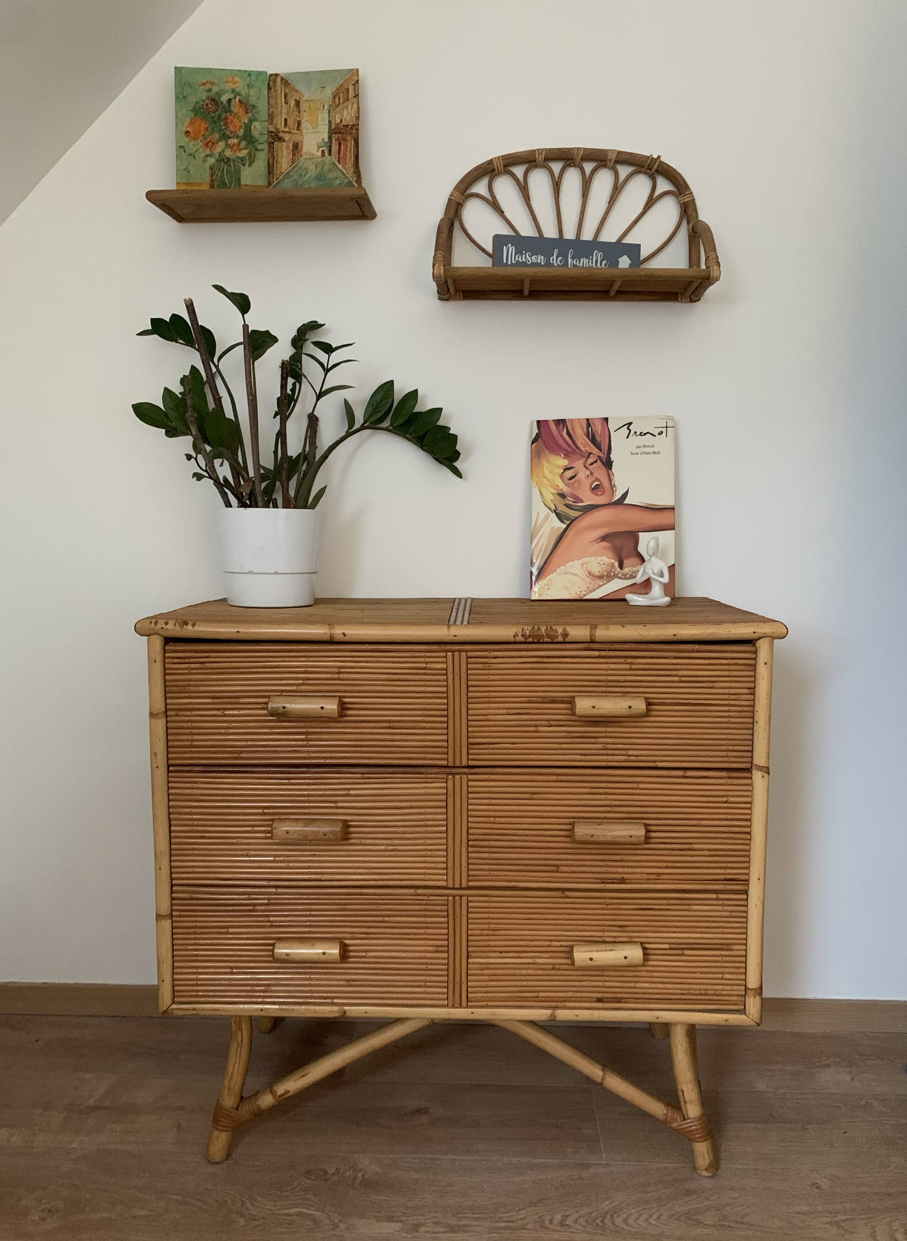 3-drawer rattan/bamboo chest of drawers attributed to Adrien Audoux and Frida Minnet. Circa 1950