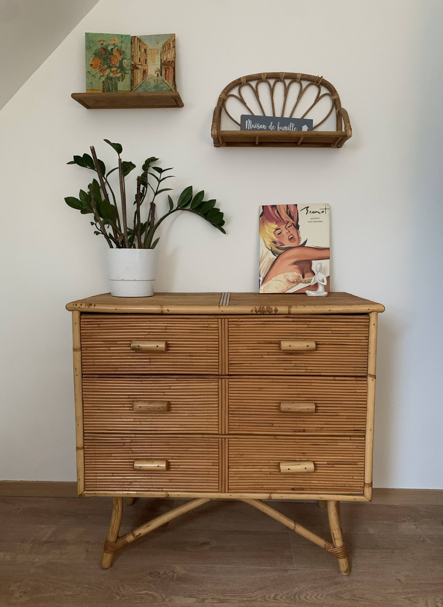 3-drawer rattan/bamboo chest of drawers attributed to Adrien Audoux and Frida Minnet. Circa 1950
