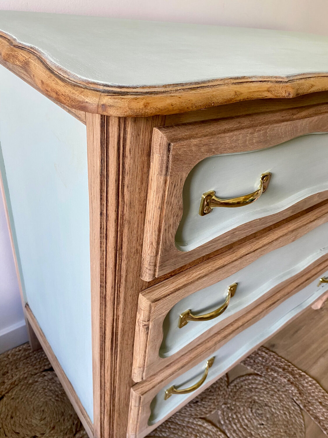 Vintage chest of drawers 3 drawers raw wood and sage green