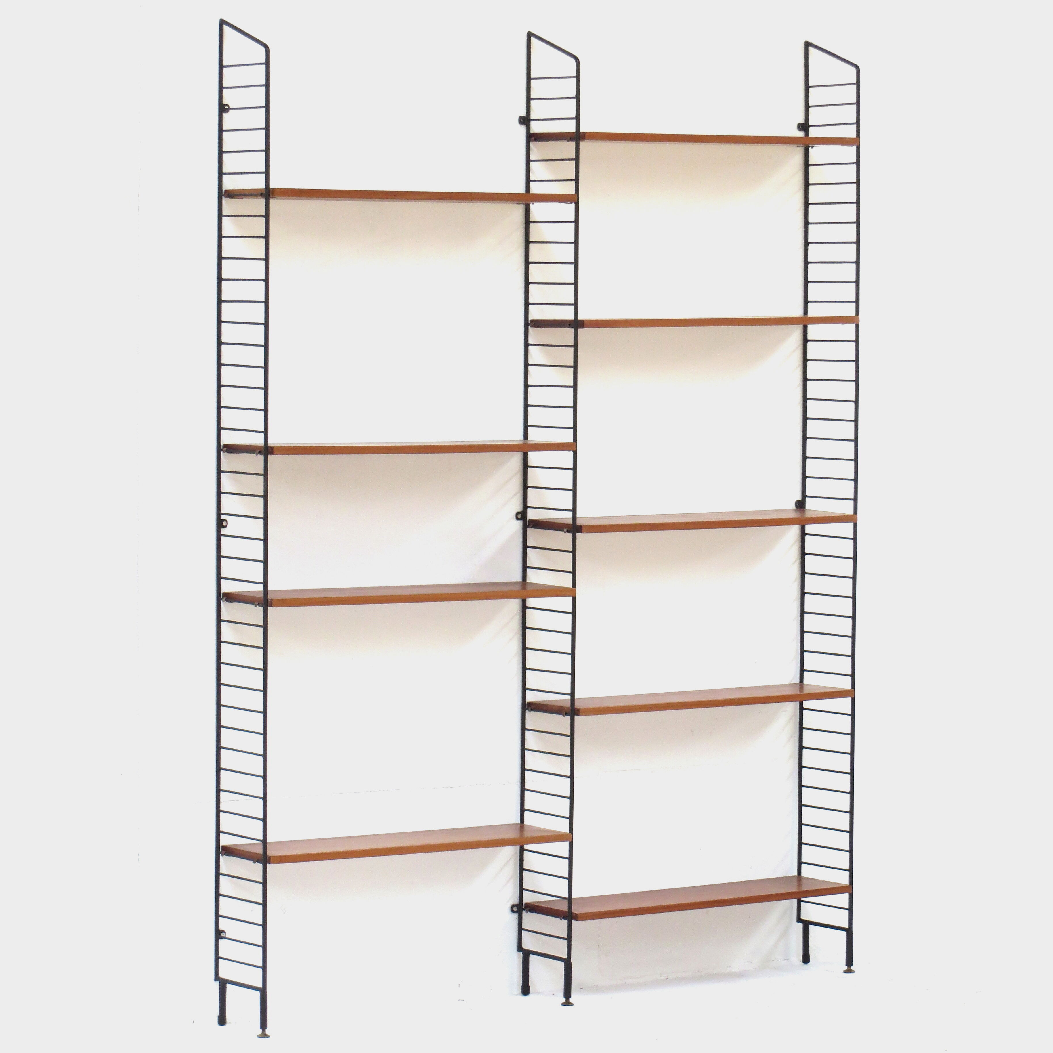 Mid century Wall Unit Shelving System in teak with black metal bookshelf supports