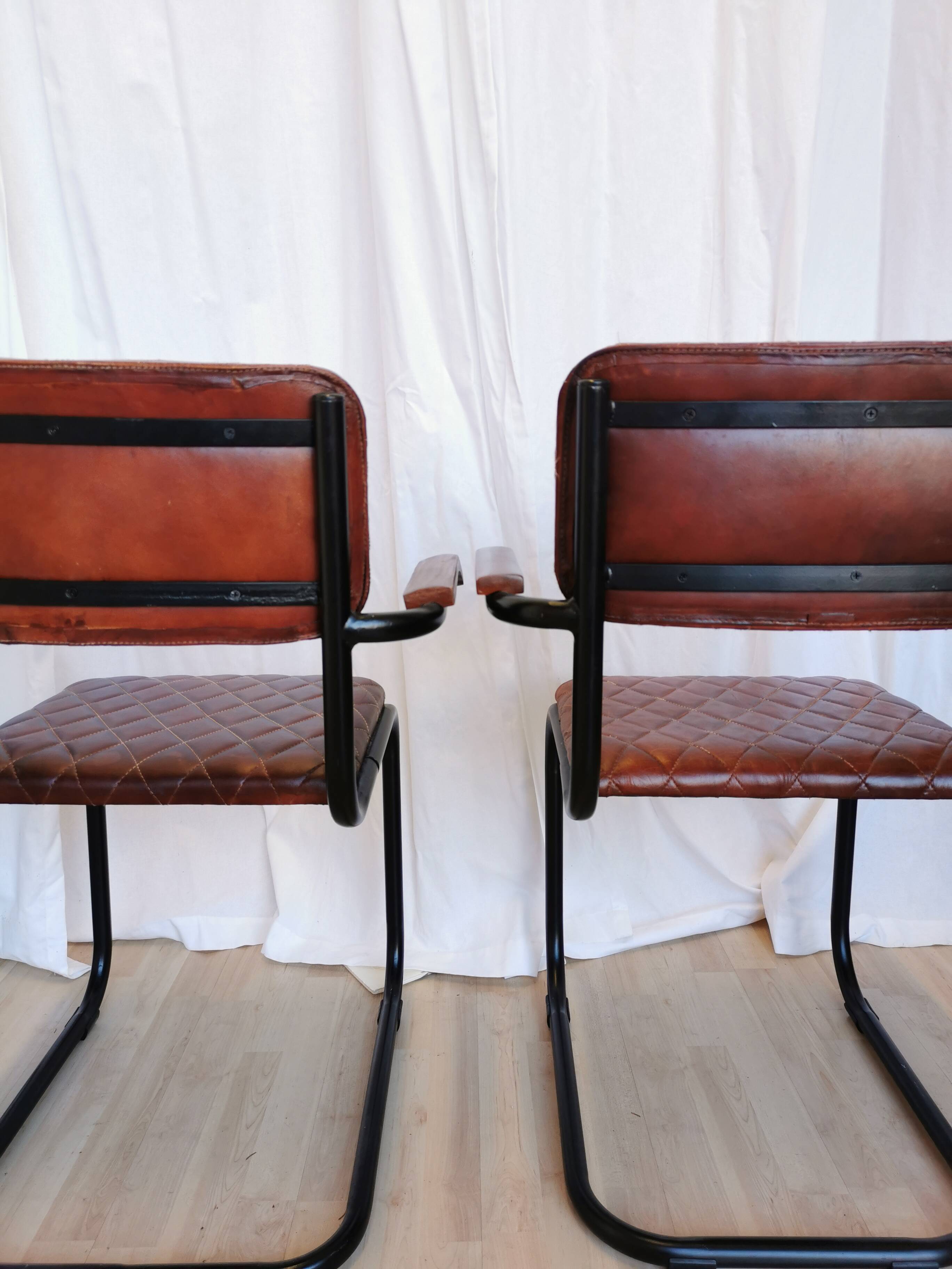 Set of 4 Vintage Quilted Leather Dining Chairs: Black Metal Base