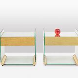 Pair of bedside tables or sofa ends in brass, glass and mirror. 1970s.