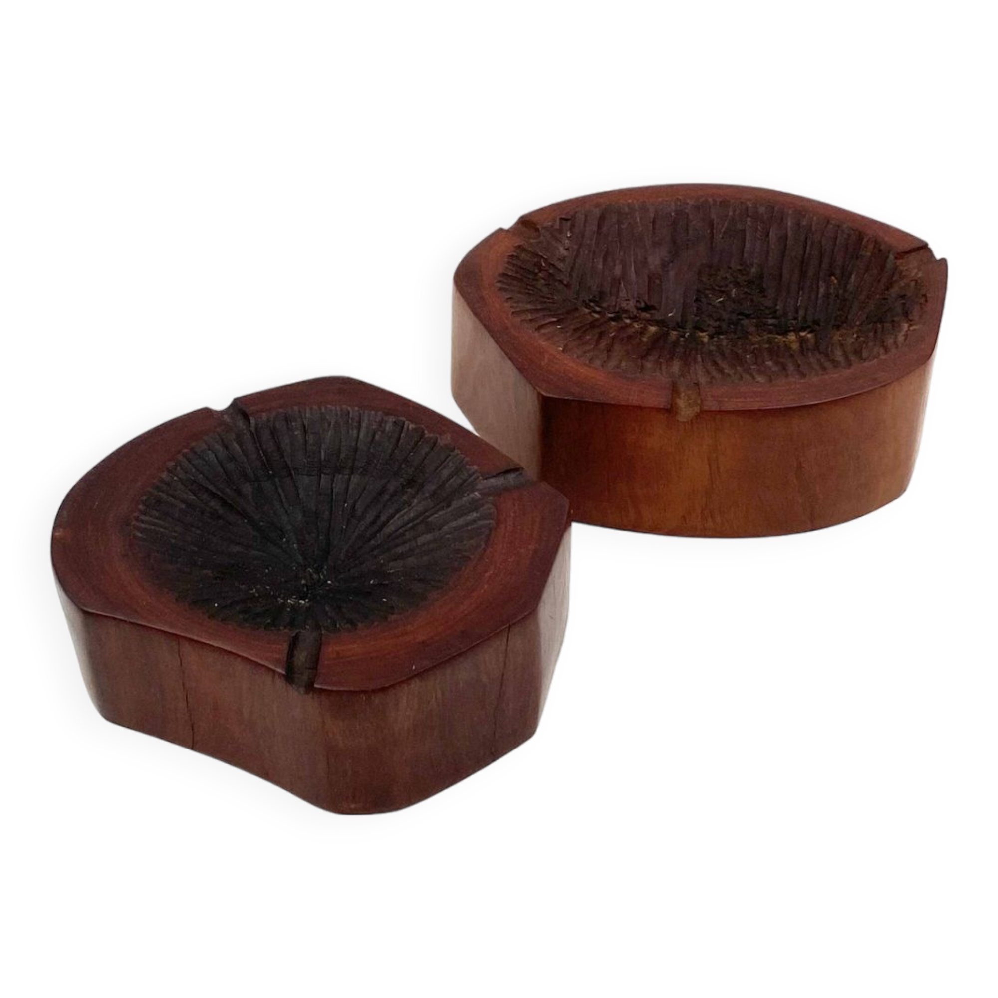 Organic modern set of 2 wood ashtrays, France 1970s