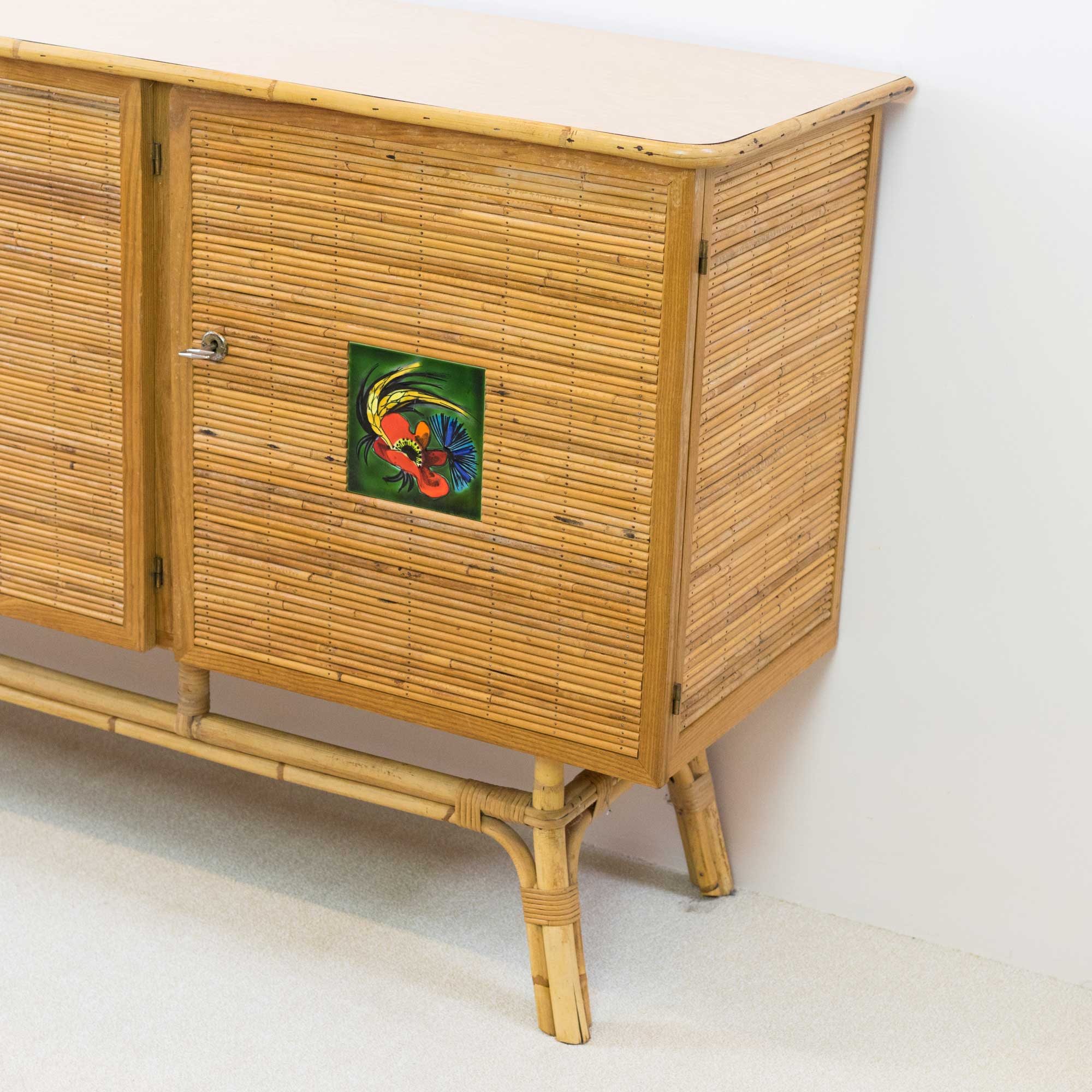 Rattan sideboard, Vallauris tiles, 1950s