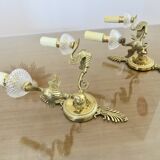 Pair of Lucien Gau "swan" wall lights in gilded bronze with bright gold and crystal