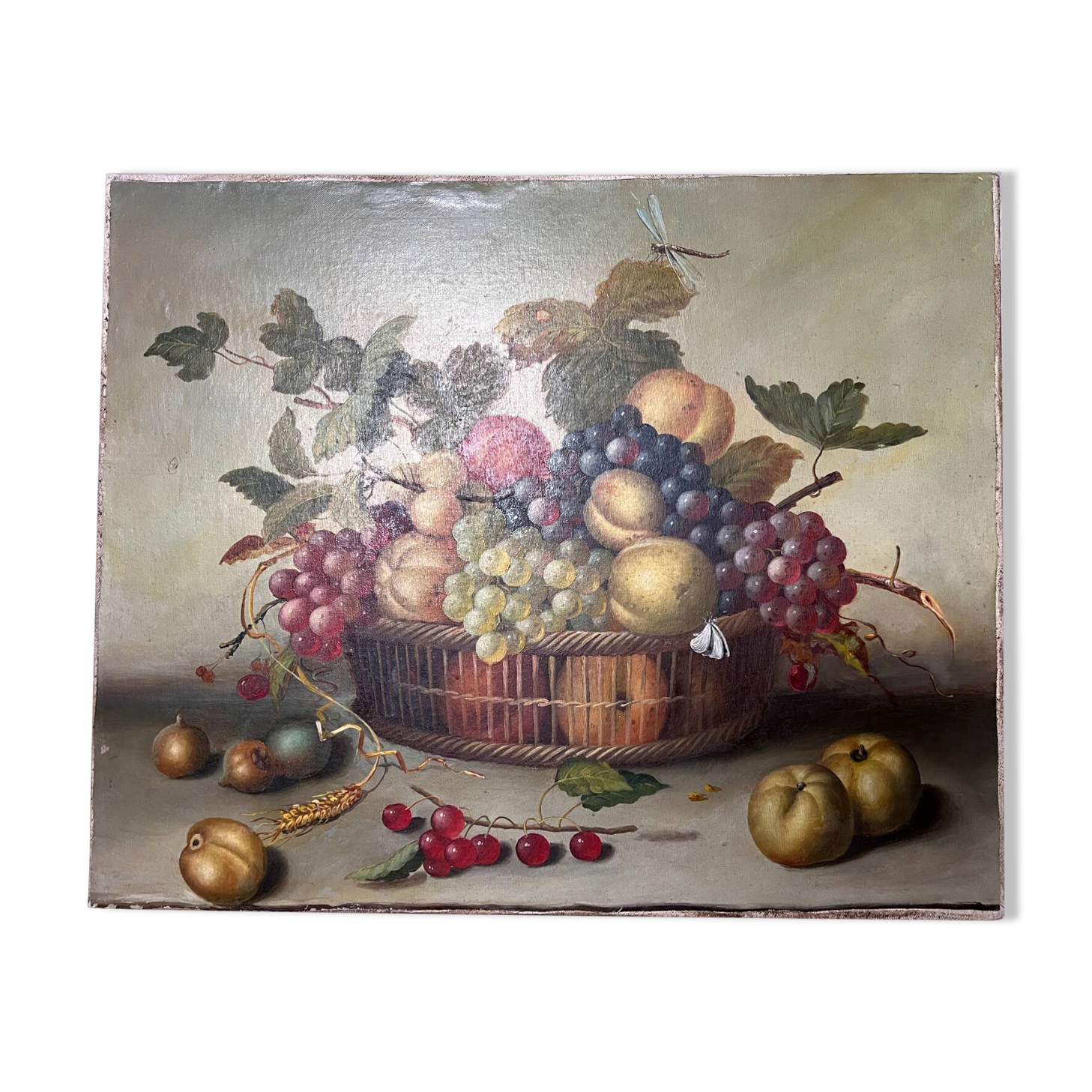 Still life painting of grapes and apples.