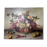 Still life painting of grapes and apples.