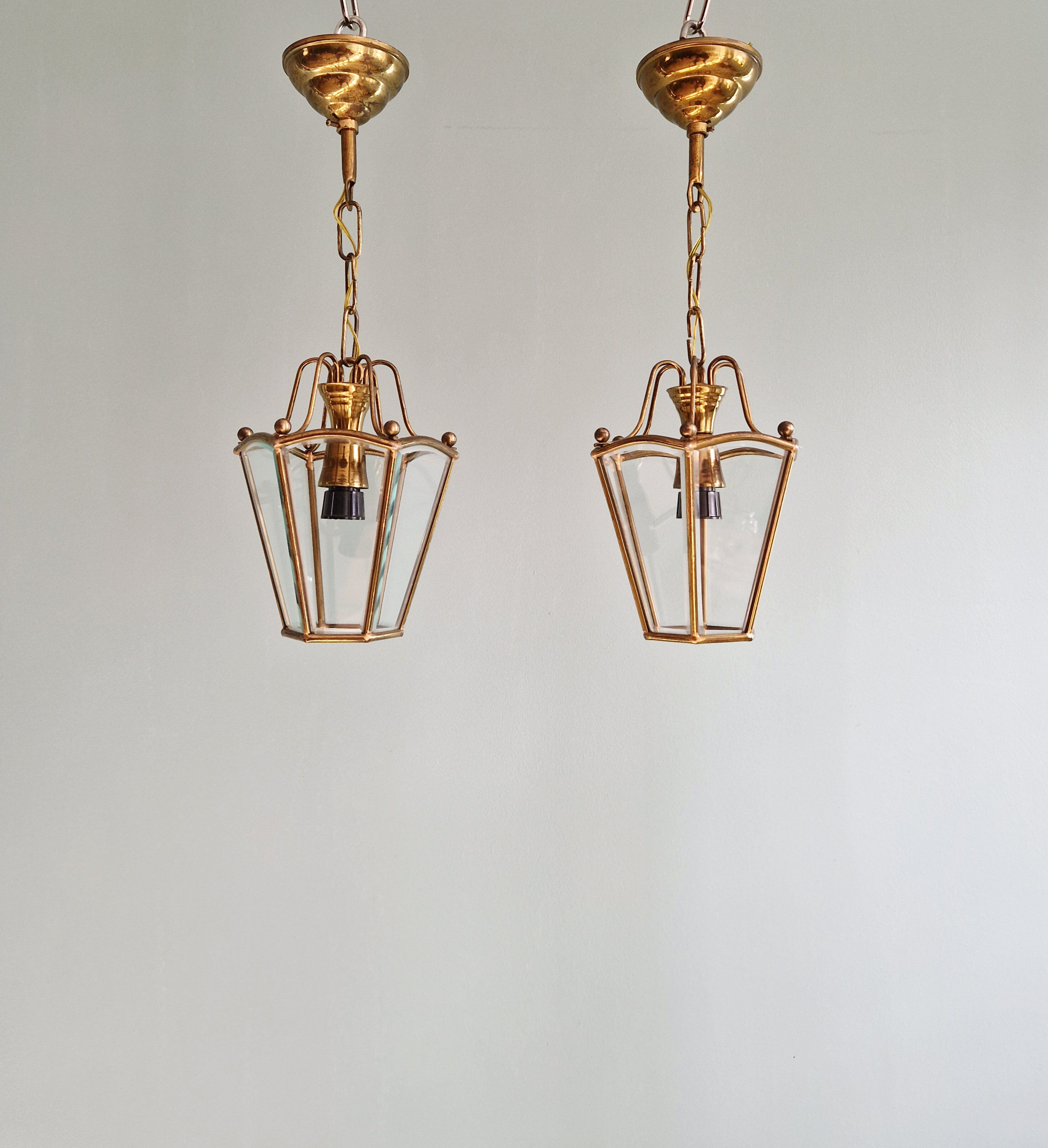 Pair of brass and bevelled glass pendant lights/lanterns, 1950-60.