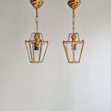 Pair of brass and bevelled glass pendant lights/lanterns, 1950-60.