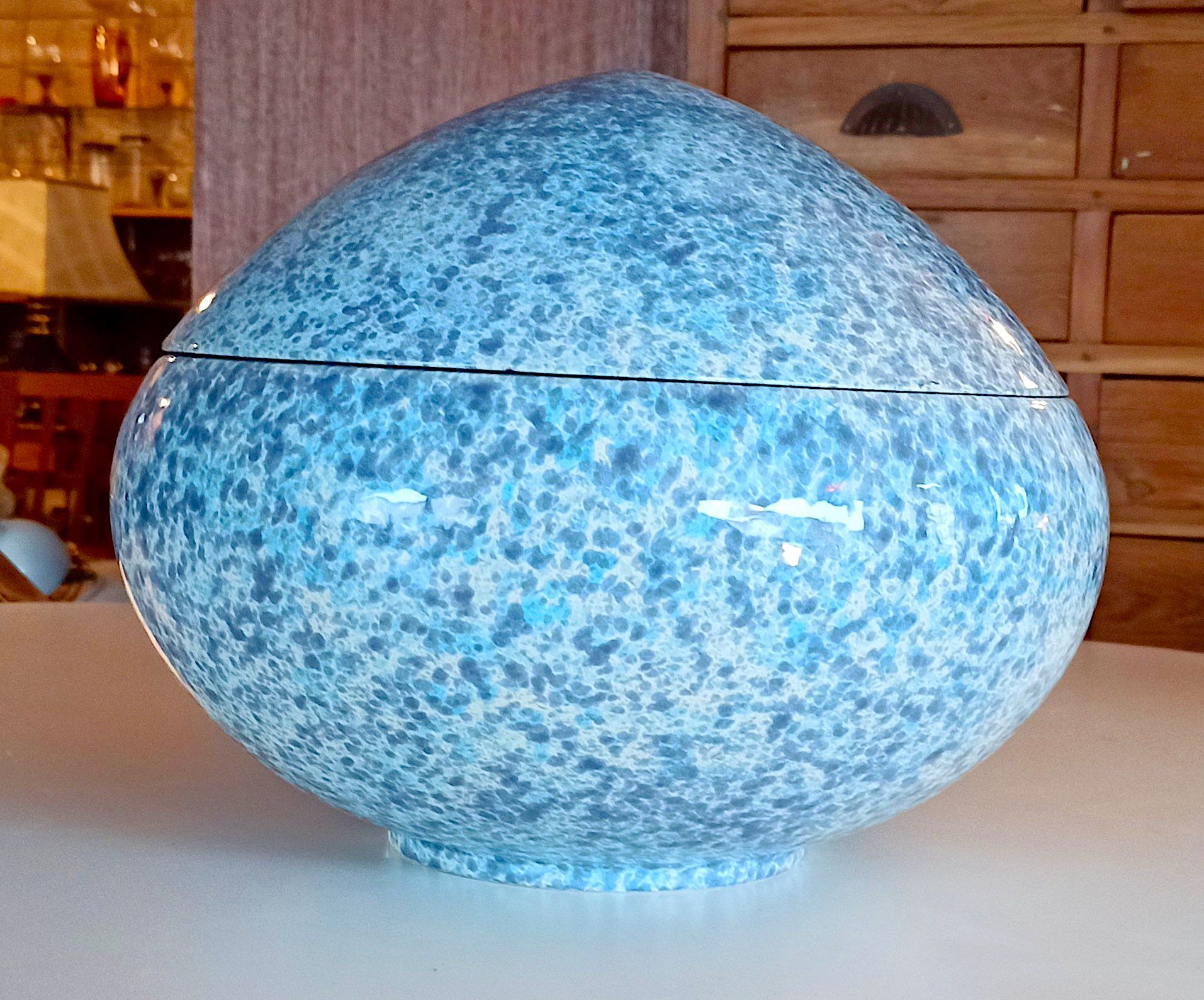 Large blue glazed ceramic biscuit jar Diameter 32.5 cm