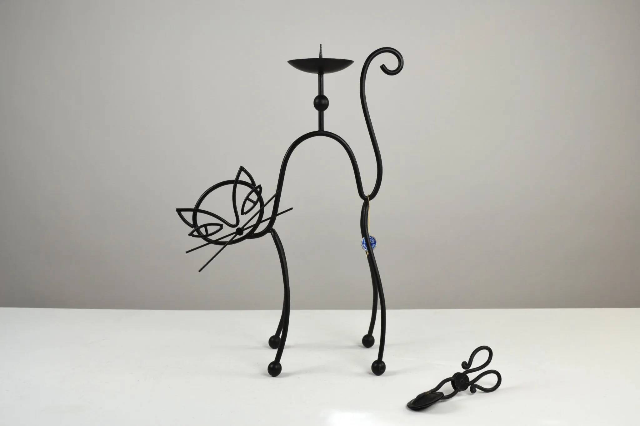 Black Painted Metal Cat Candle Holder, Snuffer & Original Label by Gunnar Ander for Ystad-Metall, Sweden, 1950s/60s