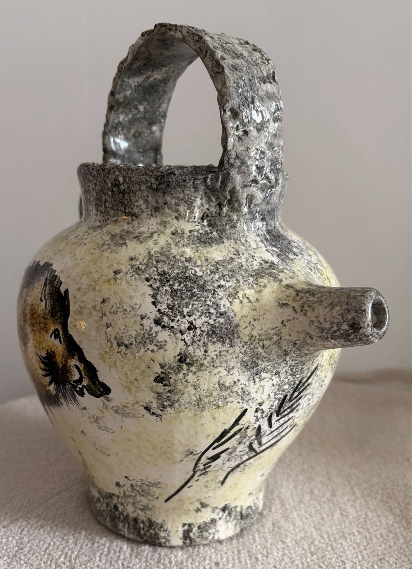 Vintage French Studio Ceramic Pitcher by Ghila – Lascaux Cave Art Styl