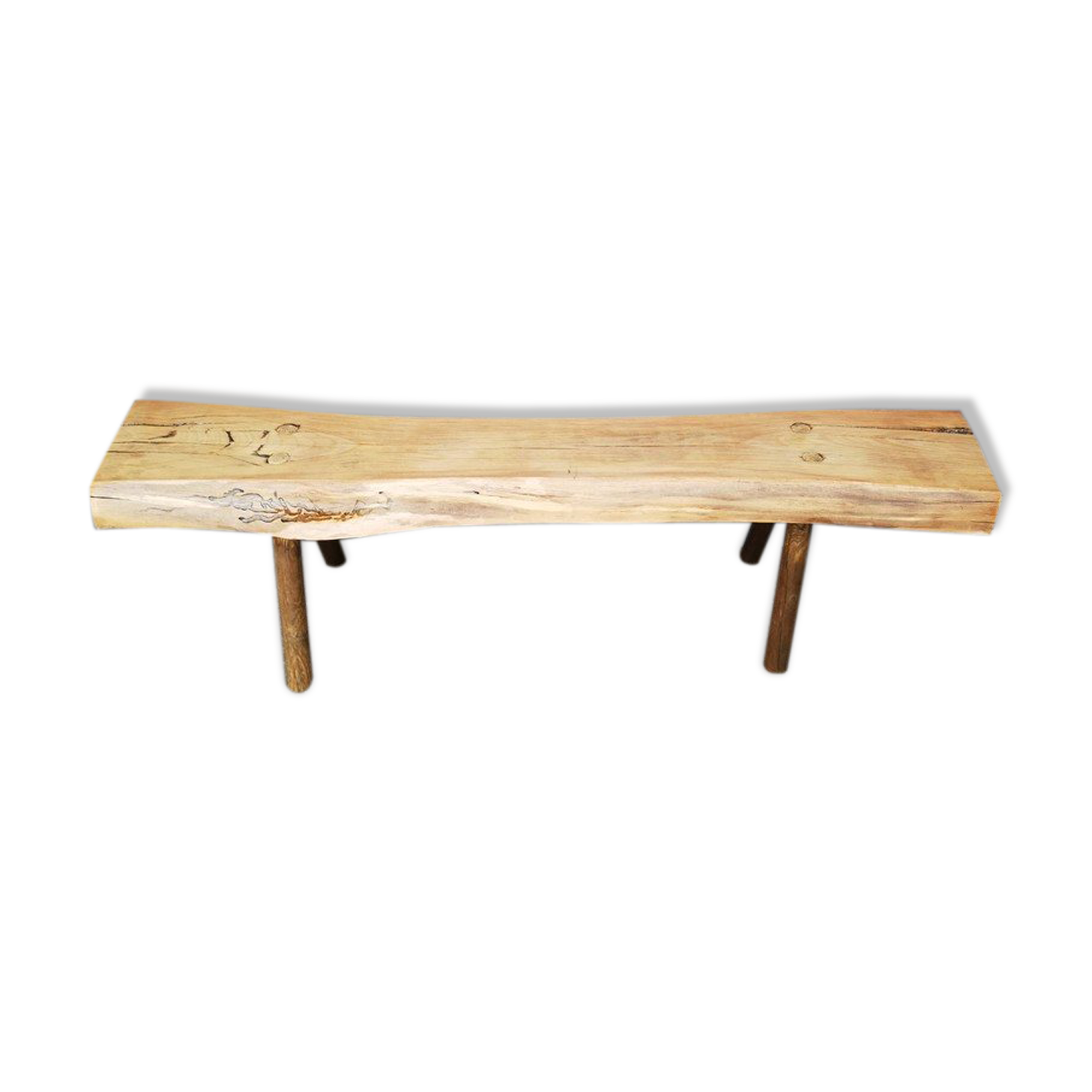 Big bench in solid rough wood very thick Brutalism