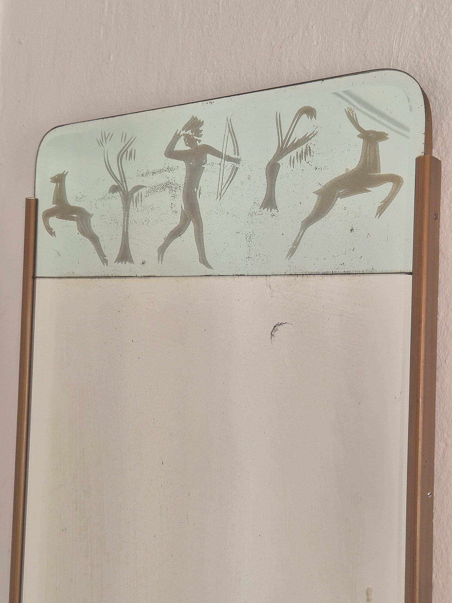Rare Swedish Grace Mirror with etched decor of Huntress Diana with deers.