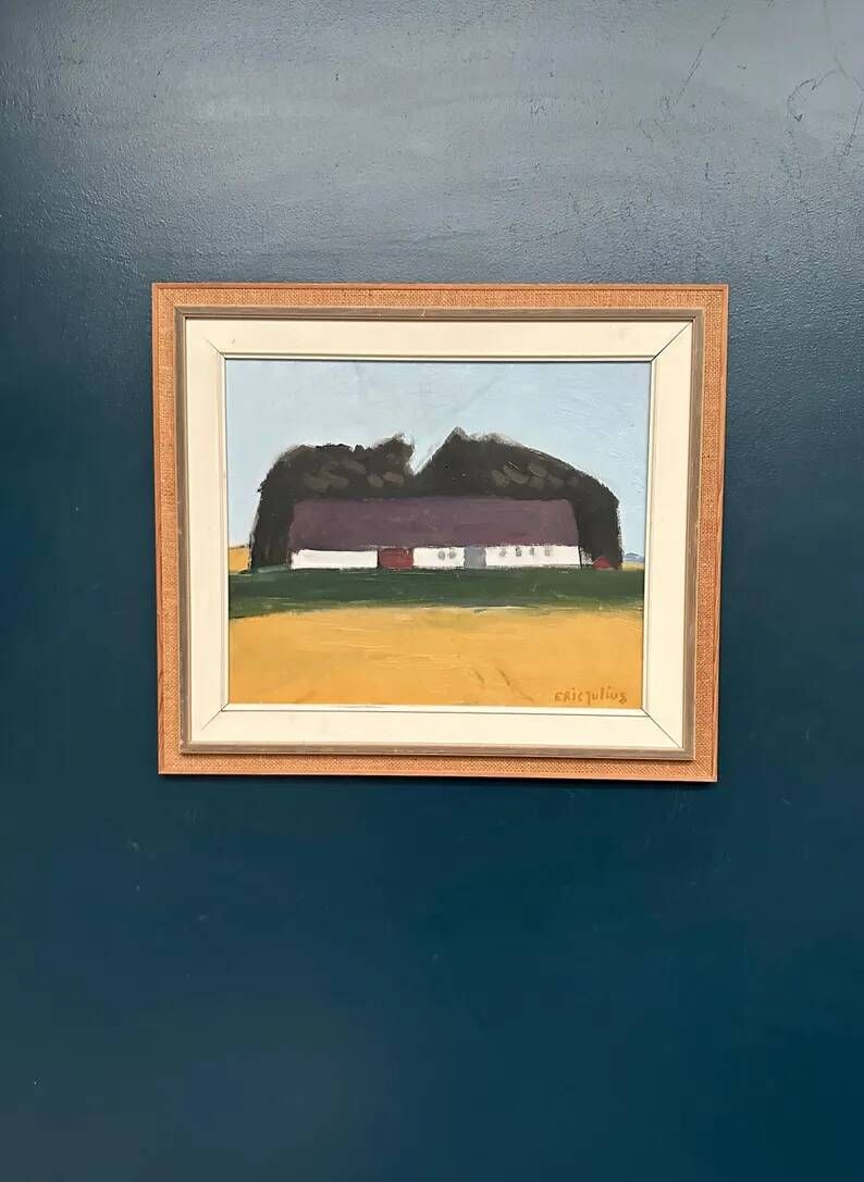 Original Swedish Oil on Canvas – "Farm" by Eric Julius – Signed – Vintage & Framed – 61 × 53 cm (24" × 20.9")