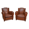 Pair of Cube 1950 armchairs in leather and velvet