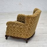 1950s, Danish relax armchair, furniture velour, carved oak wood.