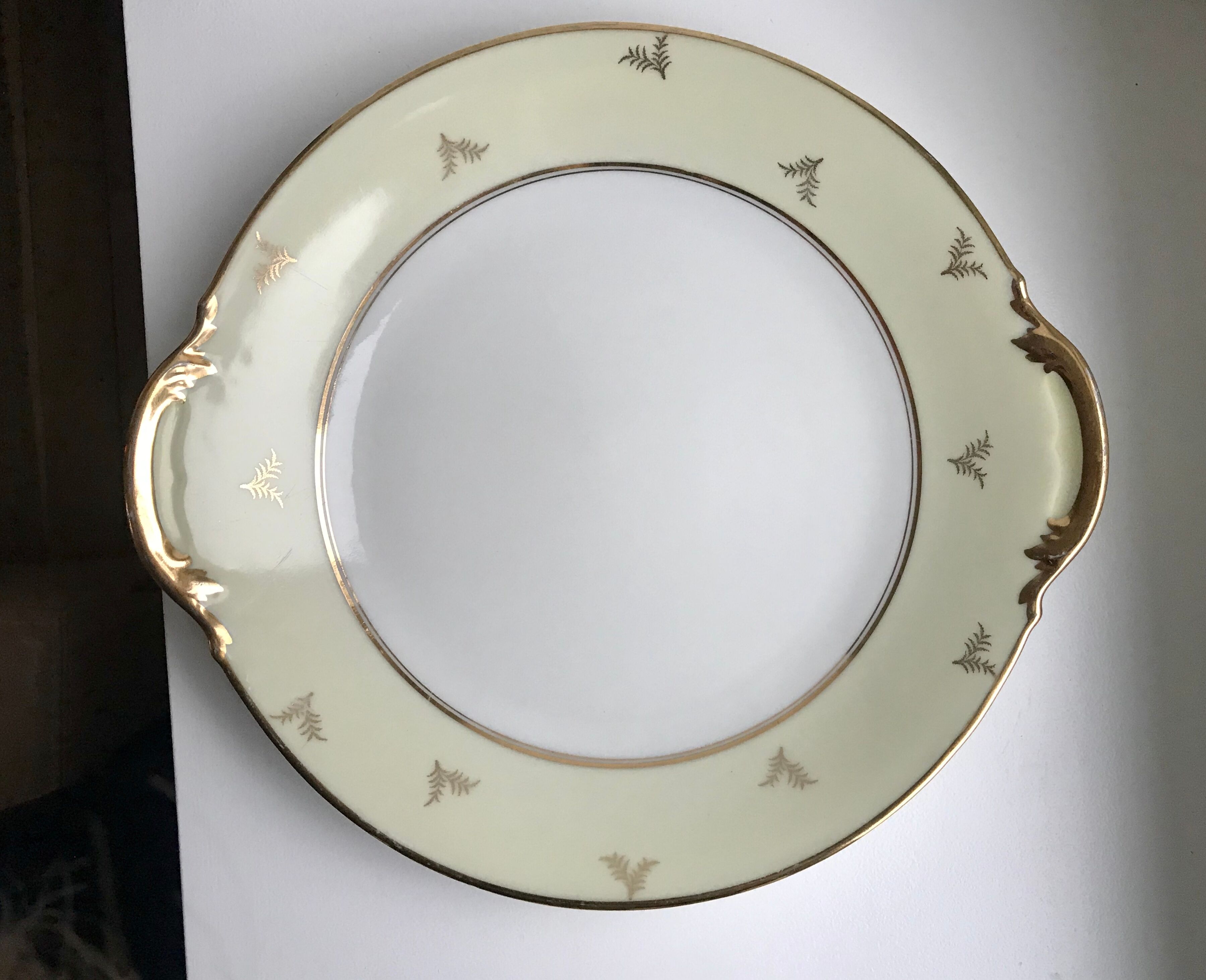 Cream and golden cake dish Limoges porcelain 50s