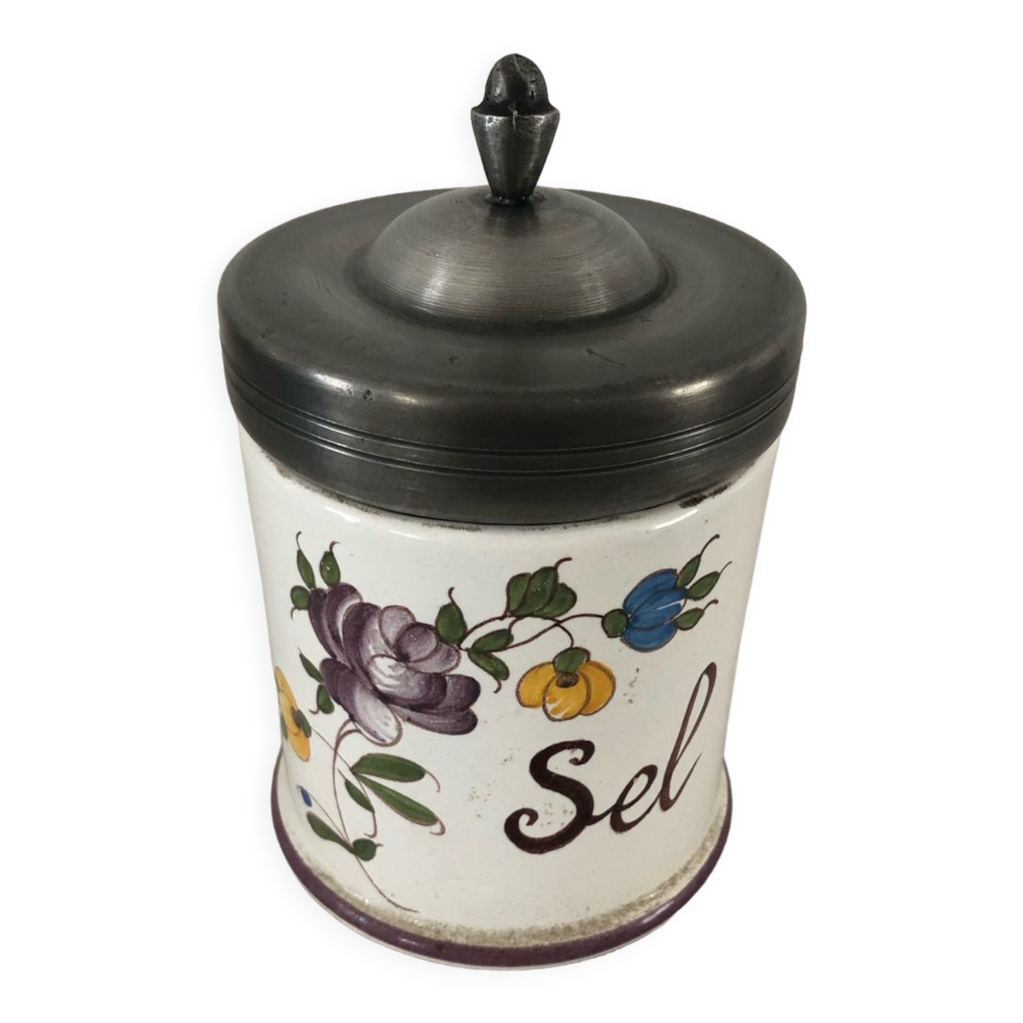 Ceramic salt jar pewter lid stamped J G
