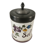 Ceramic salt jar pewter lid stamped J G