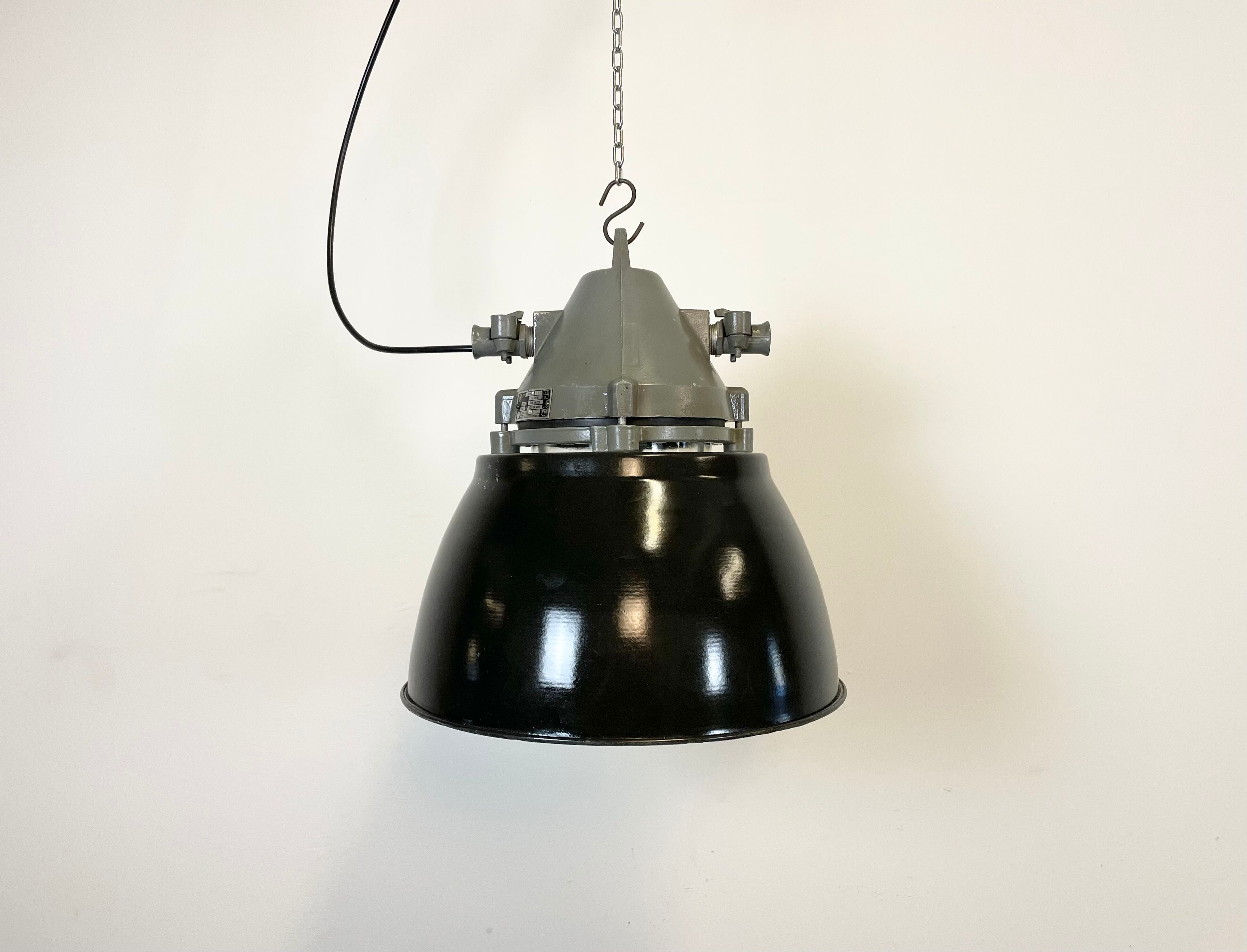 Dark grey explosion proof lamp with black enameled shade, 1970s