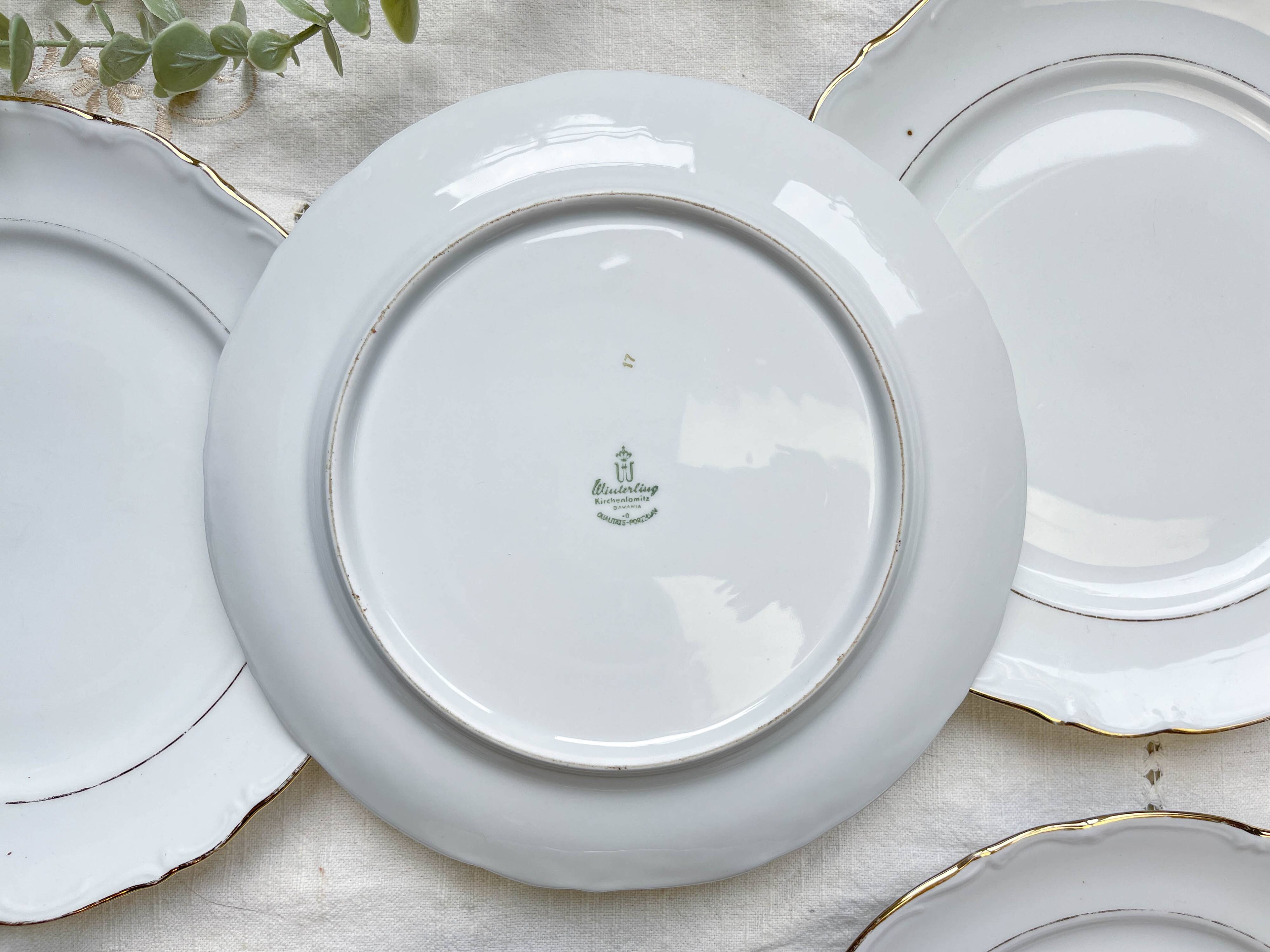 6 Vintage White Porcelain Plates with Gold Trim + 6 Small Mismatched Blue Jacobean Plates