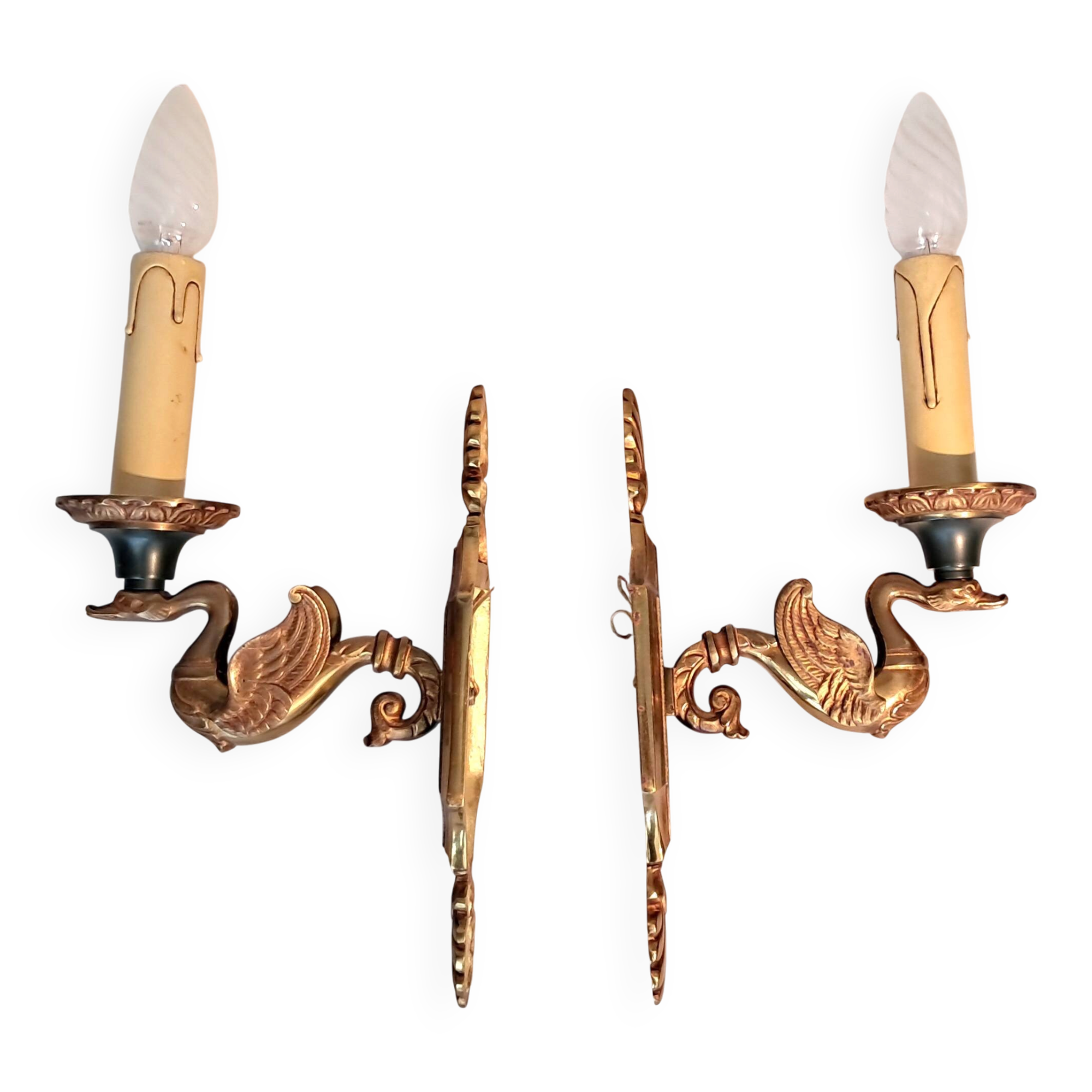 Pair of gilt bronze wall sconces by Maison Lucien Gau, Paris. Circa 1960.