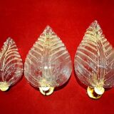 Set of 3 vintage MURANO glass leaf wall lights 1950