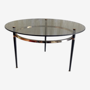 Round tripod coffee table smoked glass and black and gold lacquered metal – 50s/60s