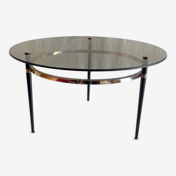 Table basse tripode ronde verre fumé et métal laqué noir et doré – années 50/60