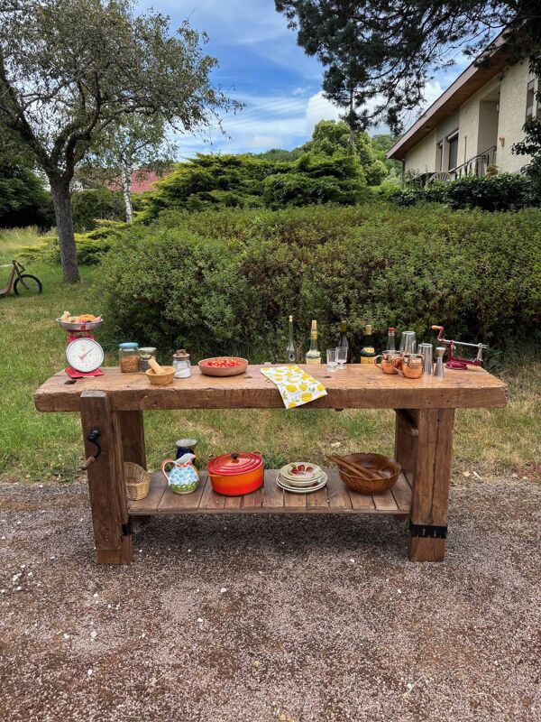 Ancien établi de menuisier restauré – Console / table d'appoint en bois mas