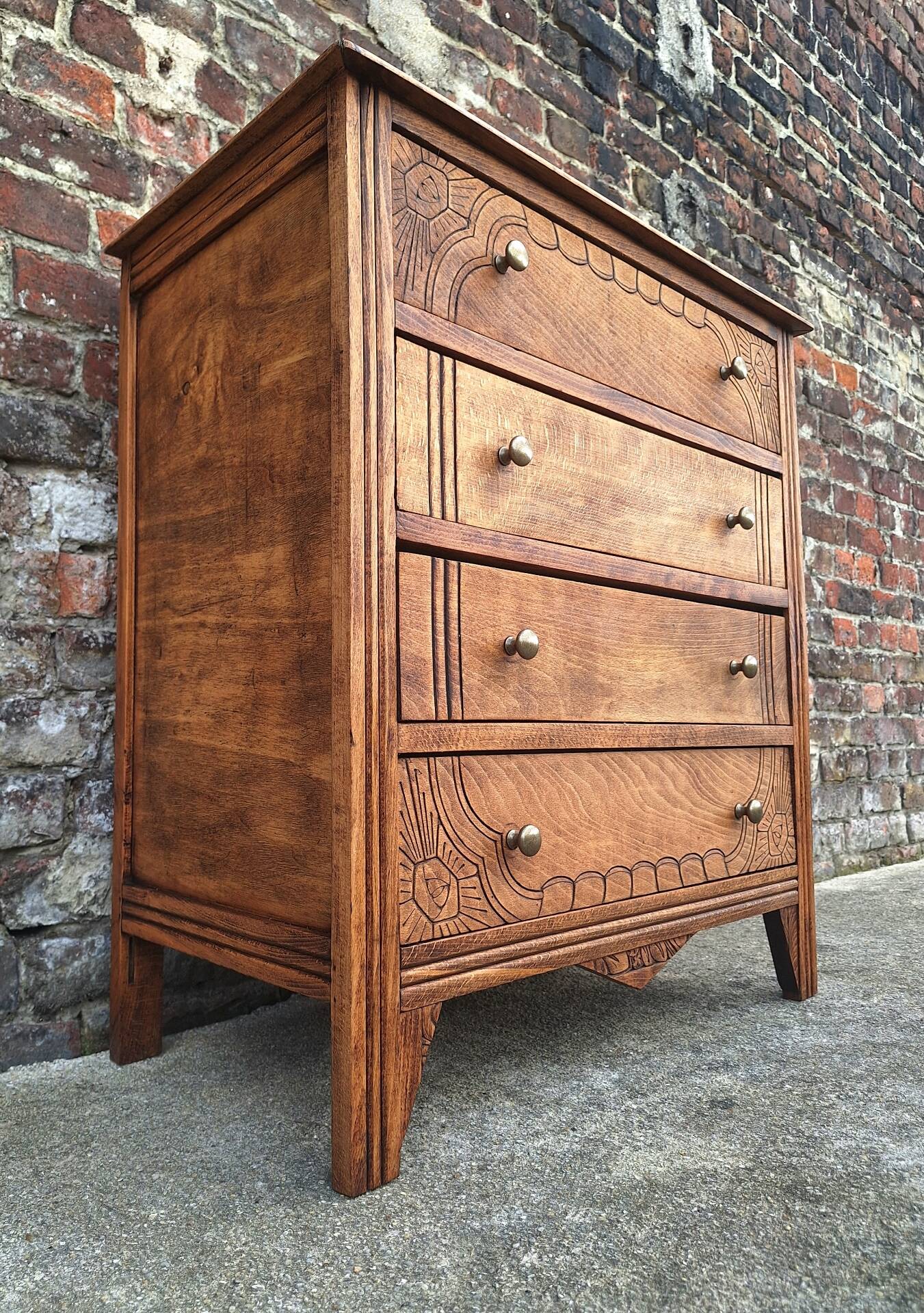 Art Deco commode with wooden top, vintage antique furniture.