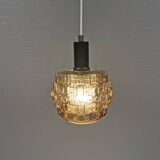 Older hanging lamp with champagne colored outer glass with inner shade of crystal glass.