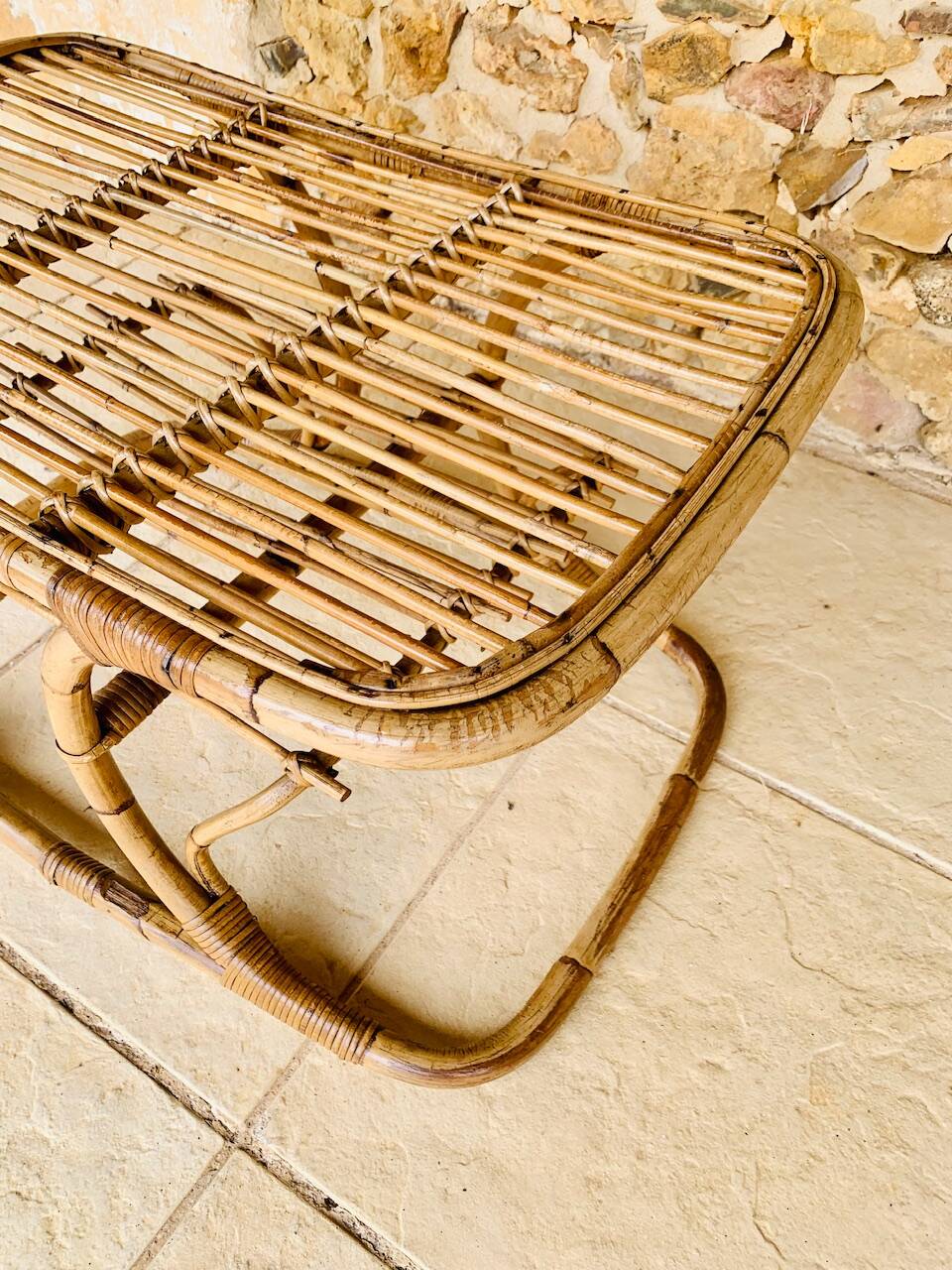 Table basse vintage en bambou et rotin dans le goût de Tito Agnoli, circa 1960
