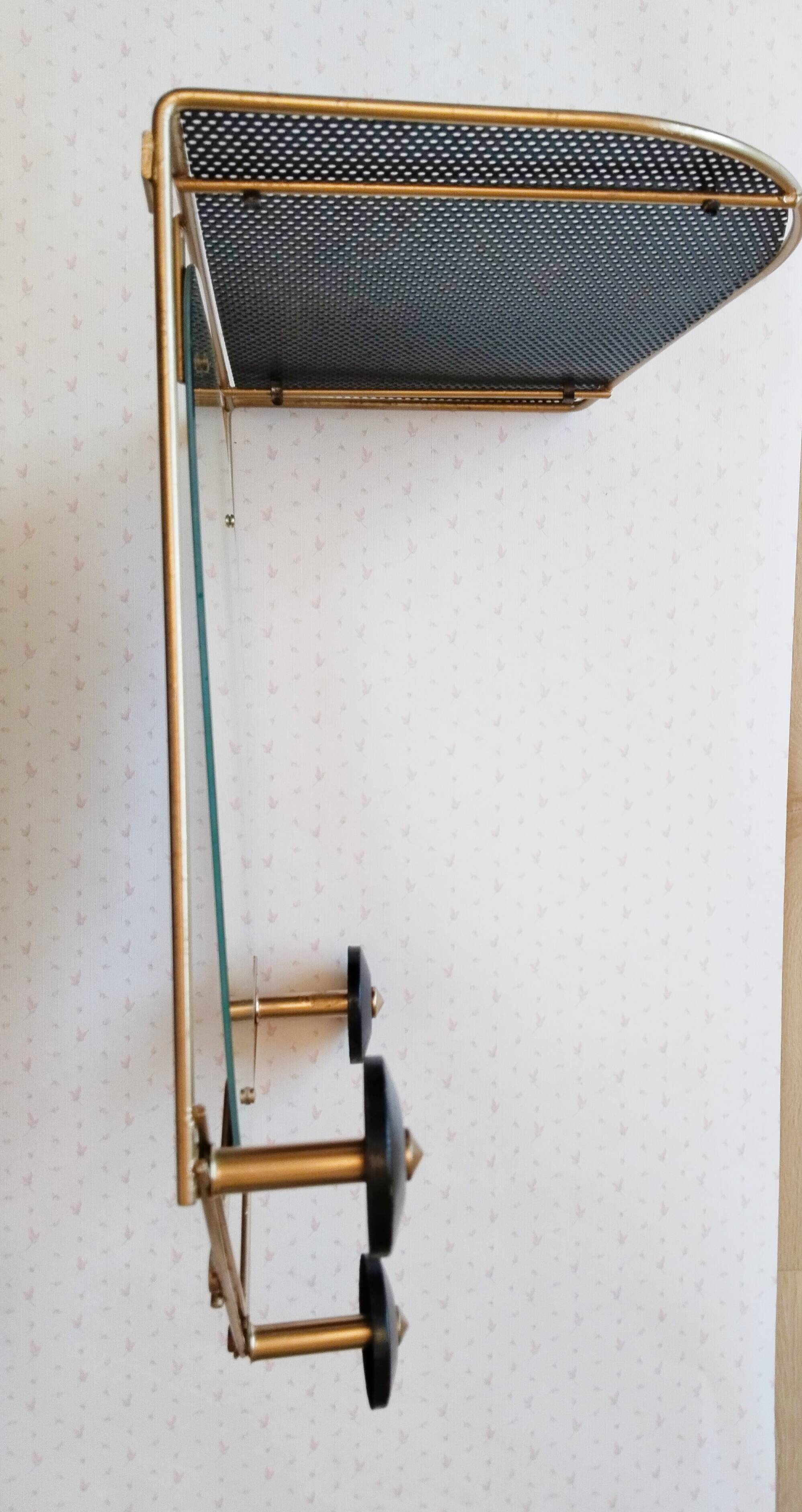 Matégot design mirror coat rack in brass and black perforated metal