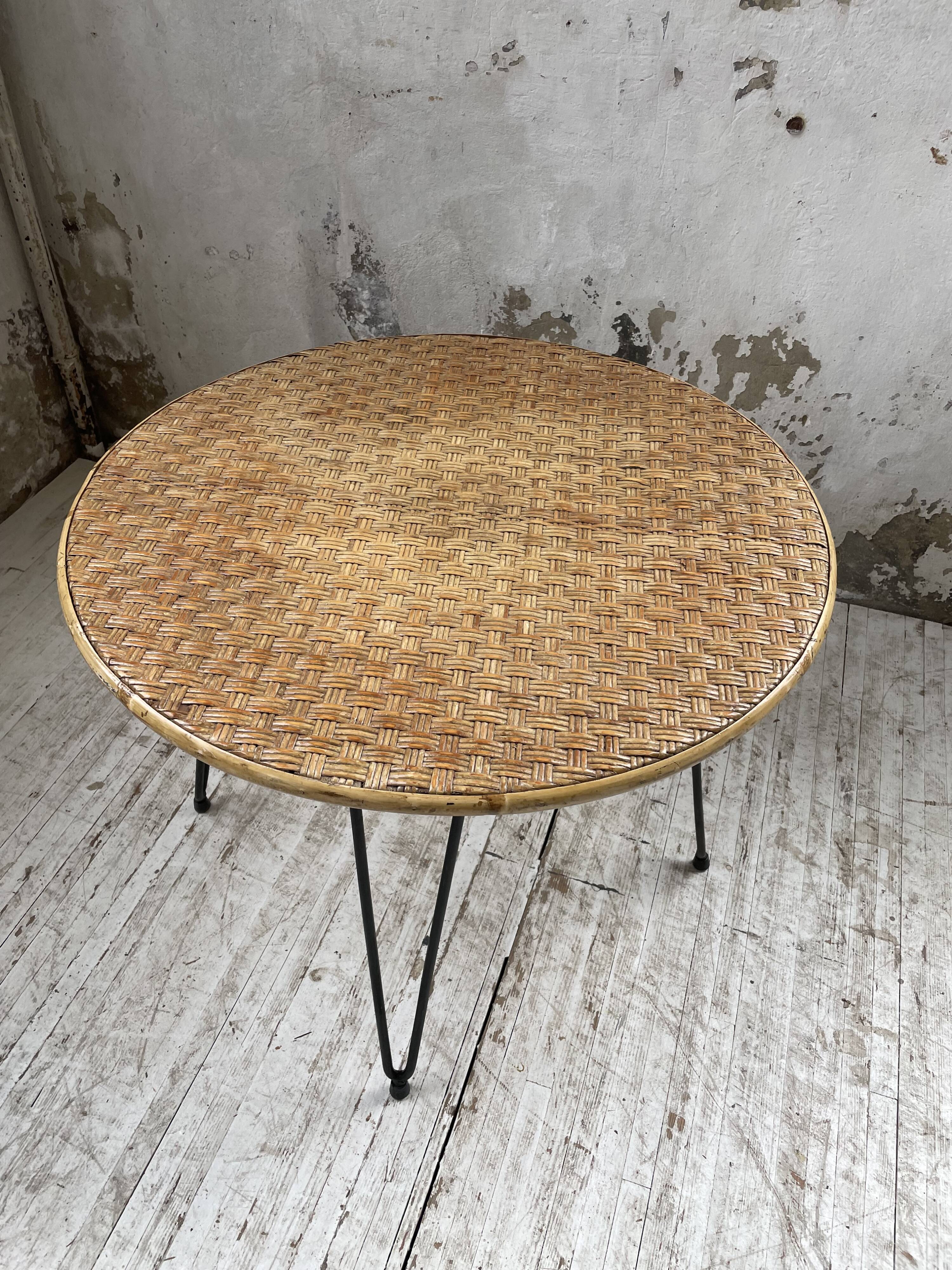 Wicker and metal coffee table from the 1950s
