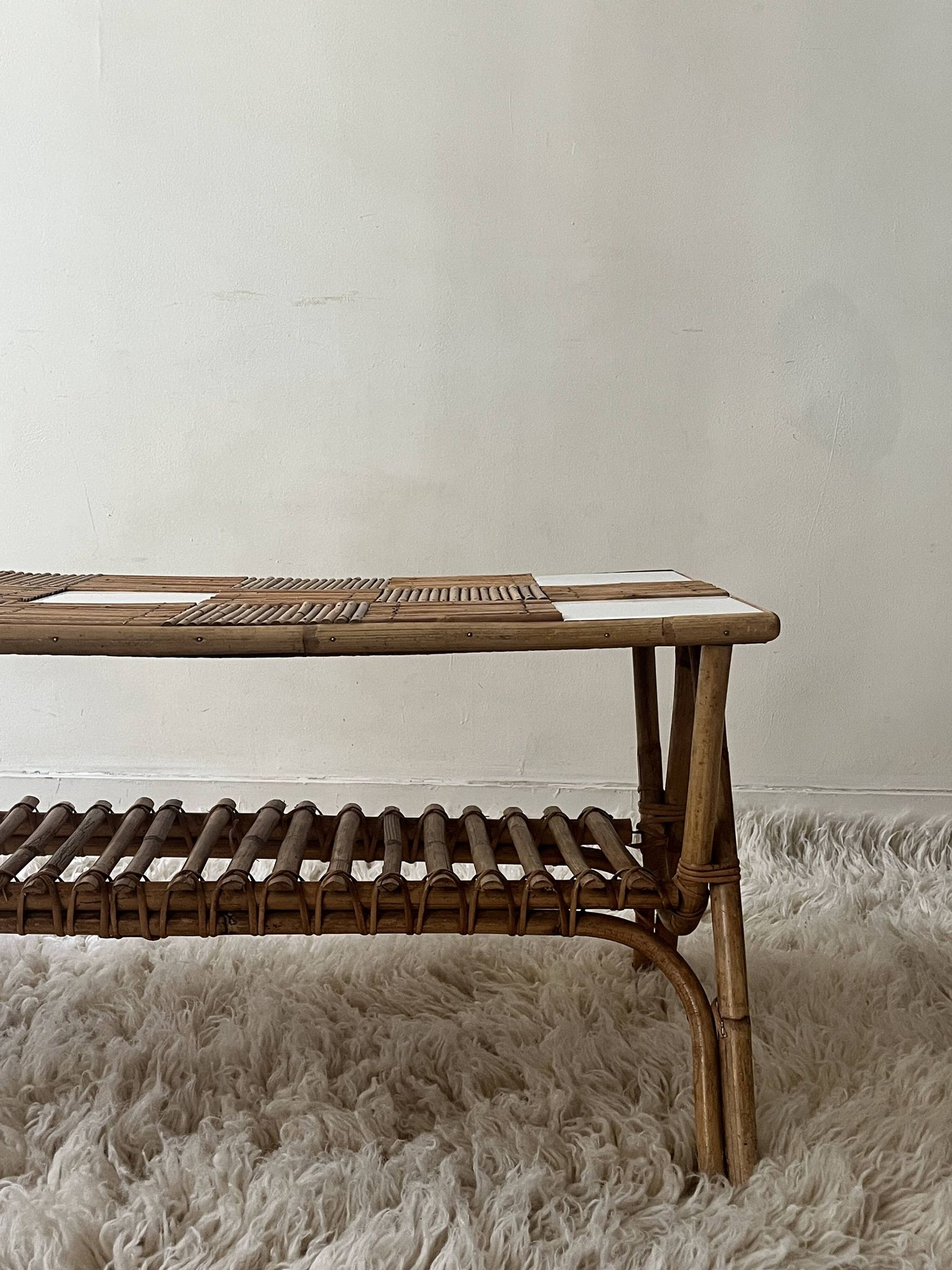 Large Audoux style coffee table in bamboo, rattan & ceramic, France 60