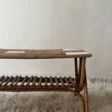 Large Audoux style coffee table in bamboo, rattan & ceramic, France 60