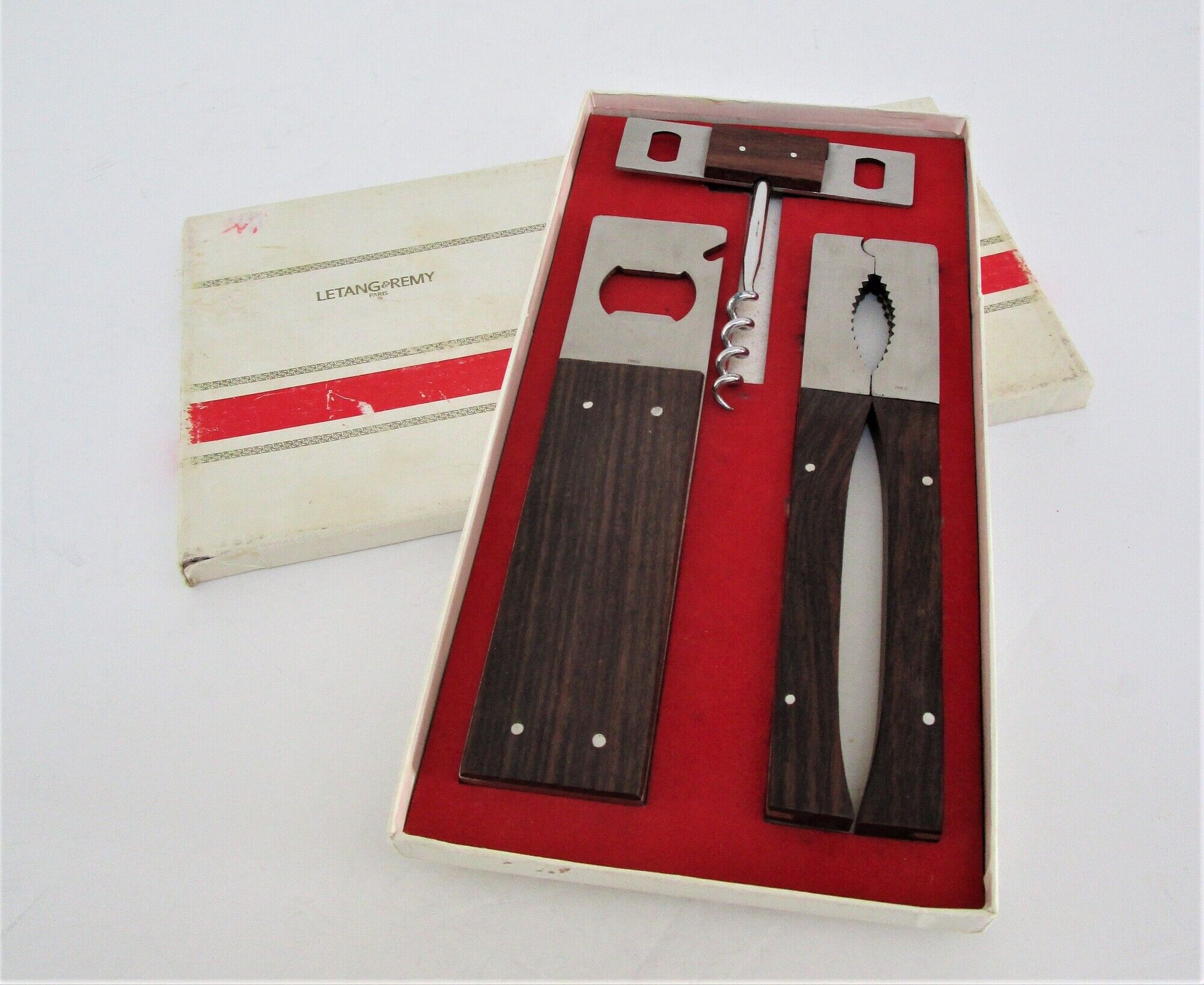 set rosewood stainless steel nutcracker corkscrew bottle opener design 70s Letang Remy