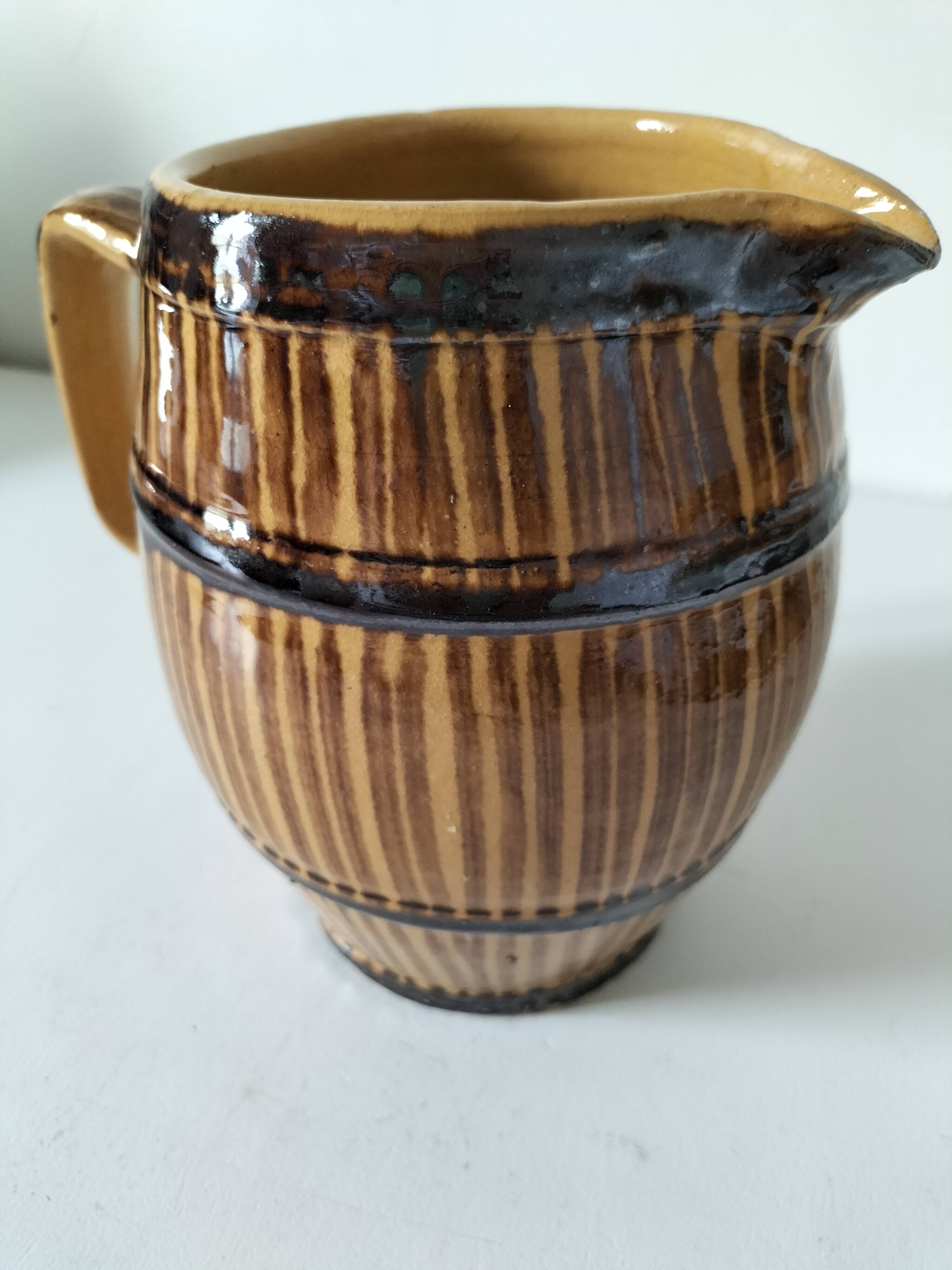 Large vintage pitcher with trompe l'oeil effect, barrel in glazed stoneware, 1950s