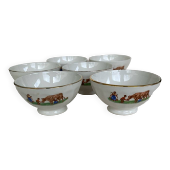 6 small old bowls Moulin des Loups cow pattern children in the field