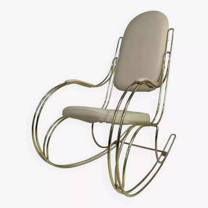 1960s rocking chair in brass and ecru imitation leather