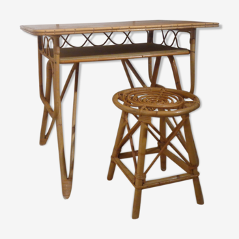 Louis Sognot 1950 rattan desk and stool