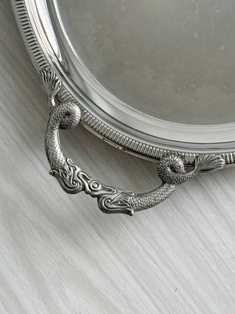 Large stainless steel serving platter with fish-shaped handles.