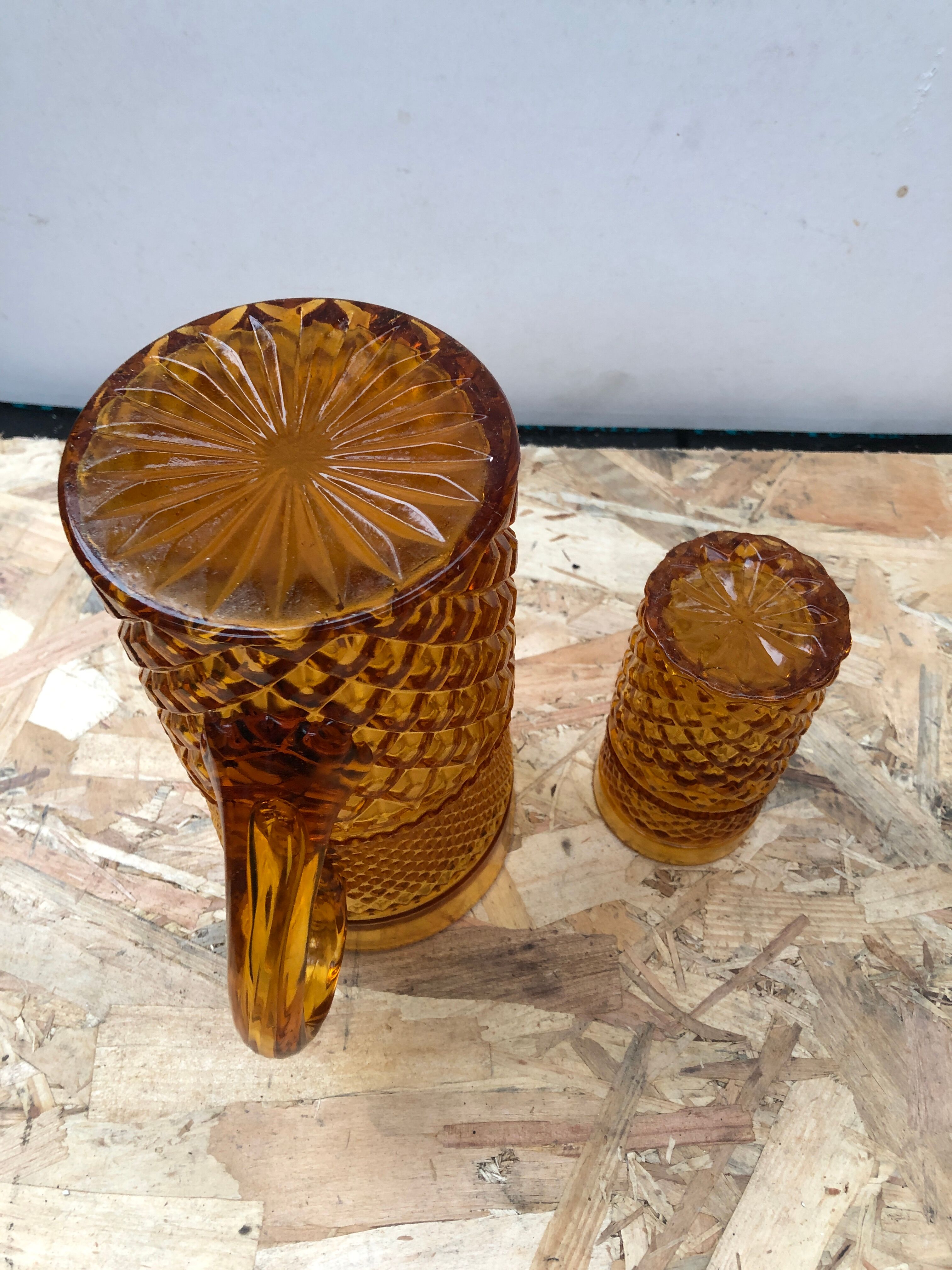 Old Juice Carafe Service + 6 Vintage Geometric Orange Molded Glass Glasses