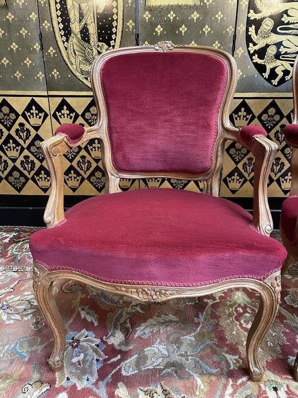 Pair of Louis XV style cabriolet armchairs in red velvet