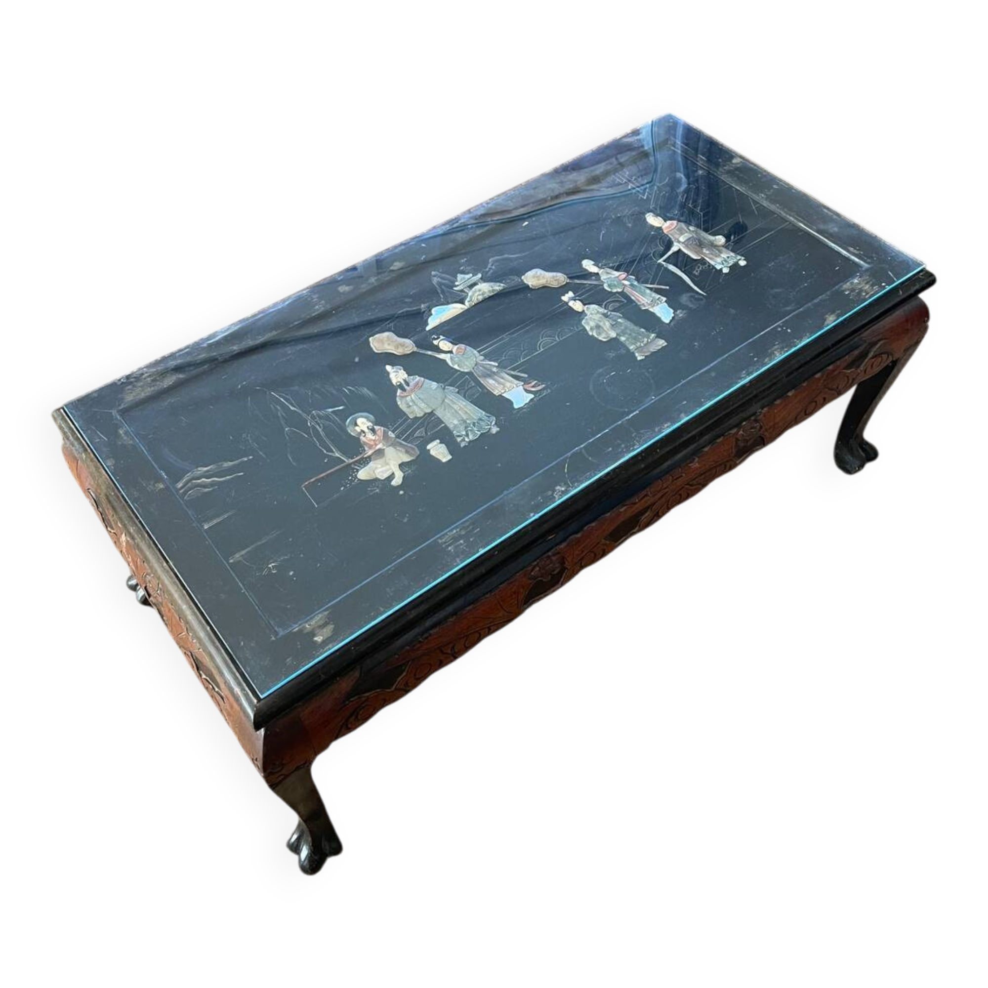 Carved wooden coffee table, Chinese craftsmanship.